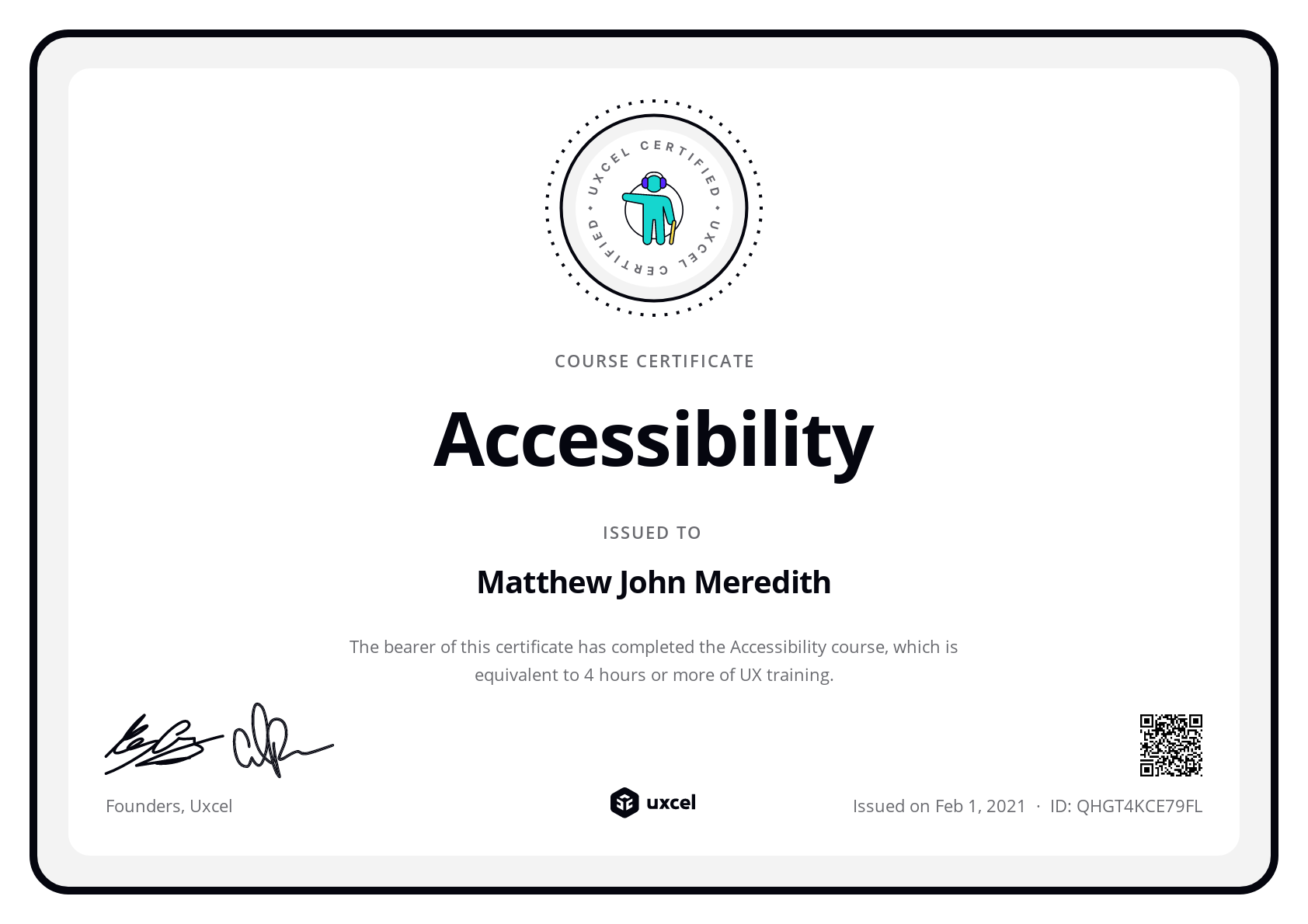 Matthew John Meredith's certificate